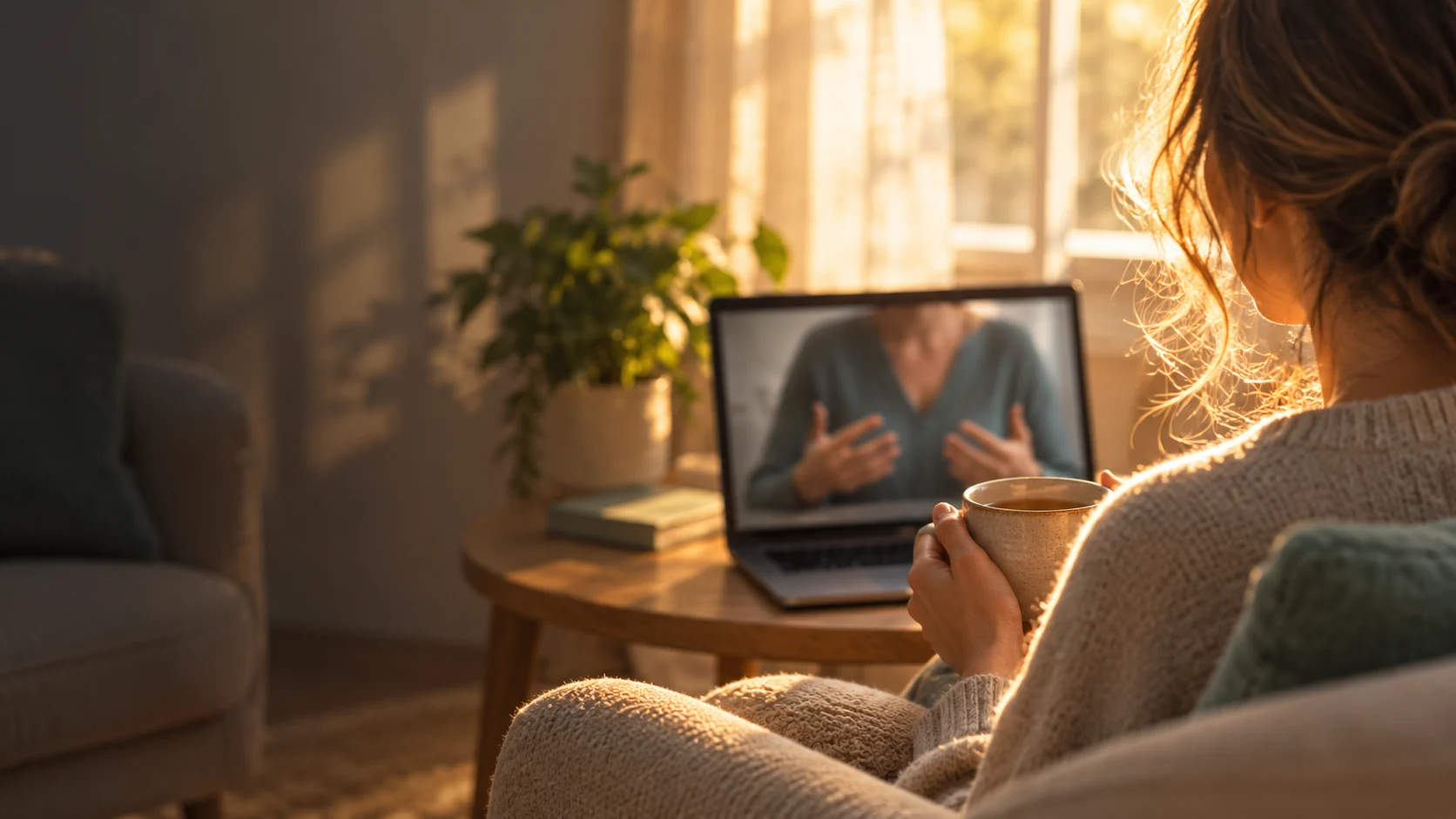 A person on a video call in a cosy, sunlit room