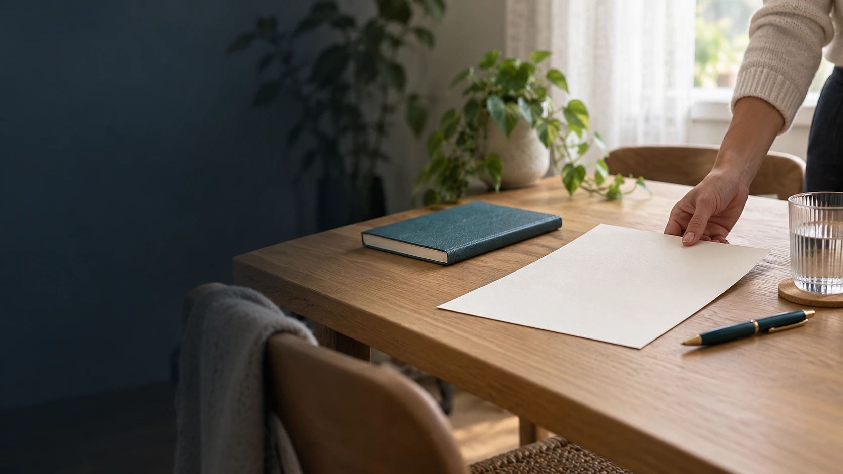 A hand placing a blank sheet of paper on a wooden table beside a notebook, a pen and a glass of water