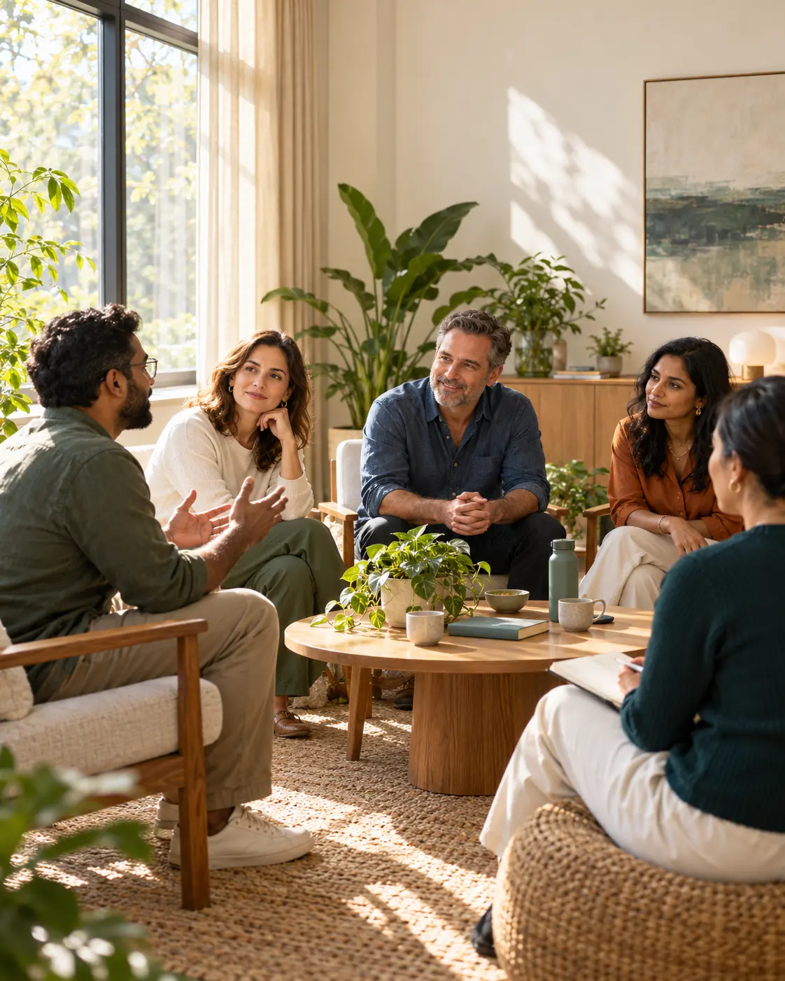 A small group sitting together in a sunlit living room