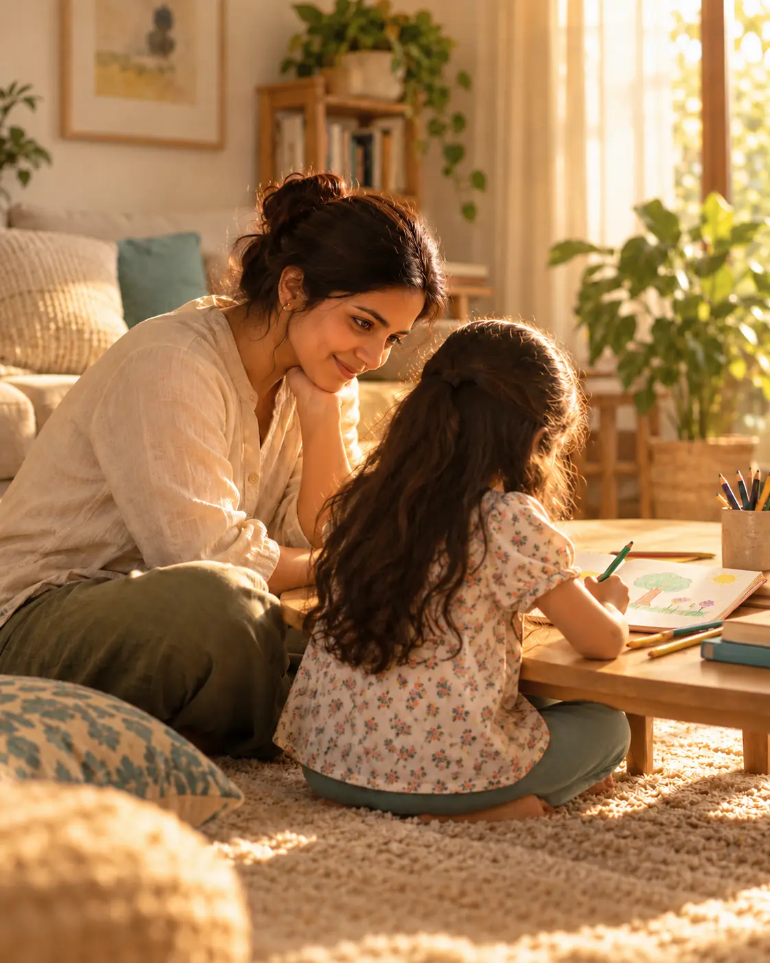 A parent and child sitting together on the floor while the child draws
