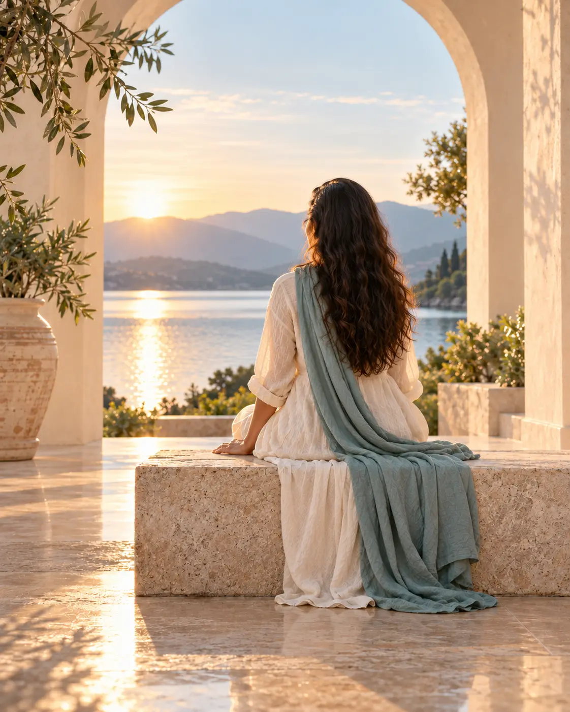 A woman sitting quietly under an arch looking out over the sea at sunrise