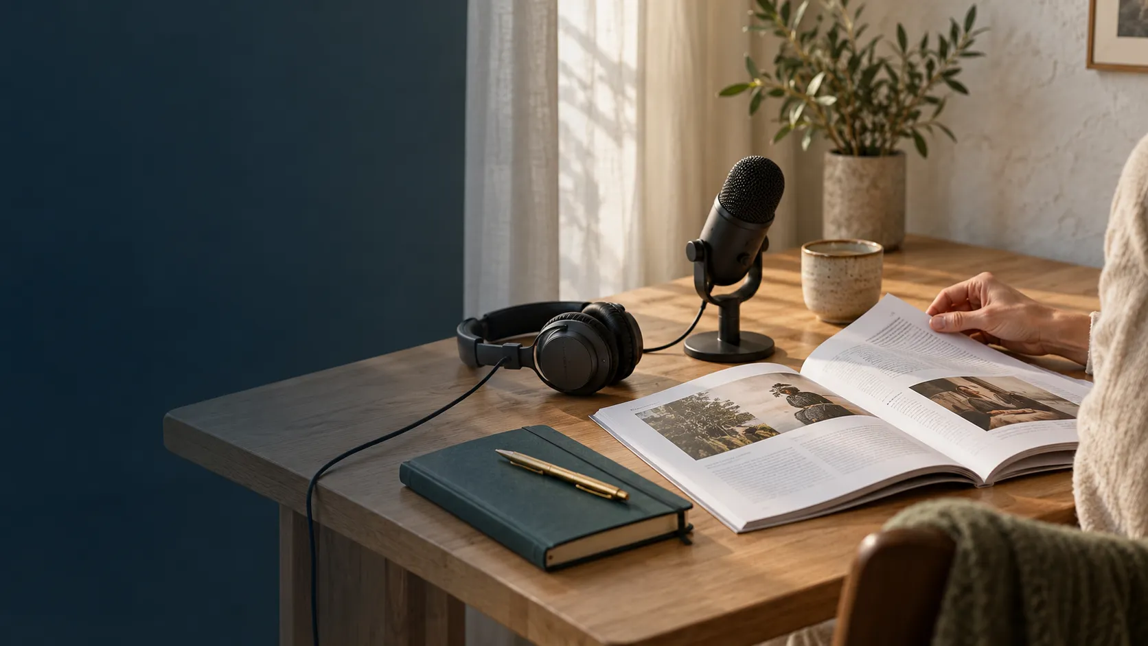A desk with a microphone, headphones, a notebook and an open magazine in soft window light