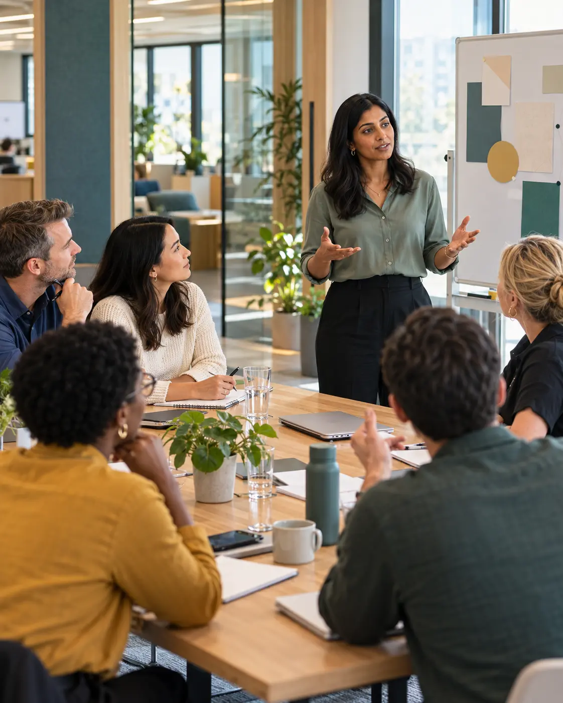A facilitator speaking with a team around a table in a bright office