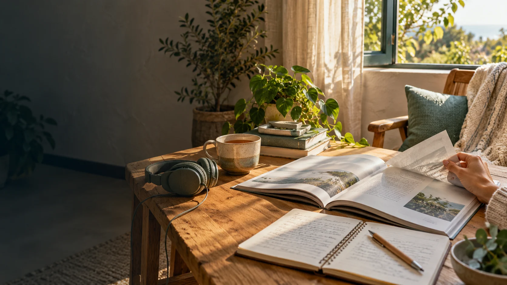 A journal, open books and headphones on a wooden table in soft light