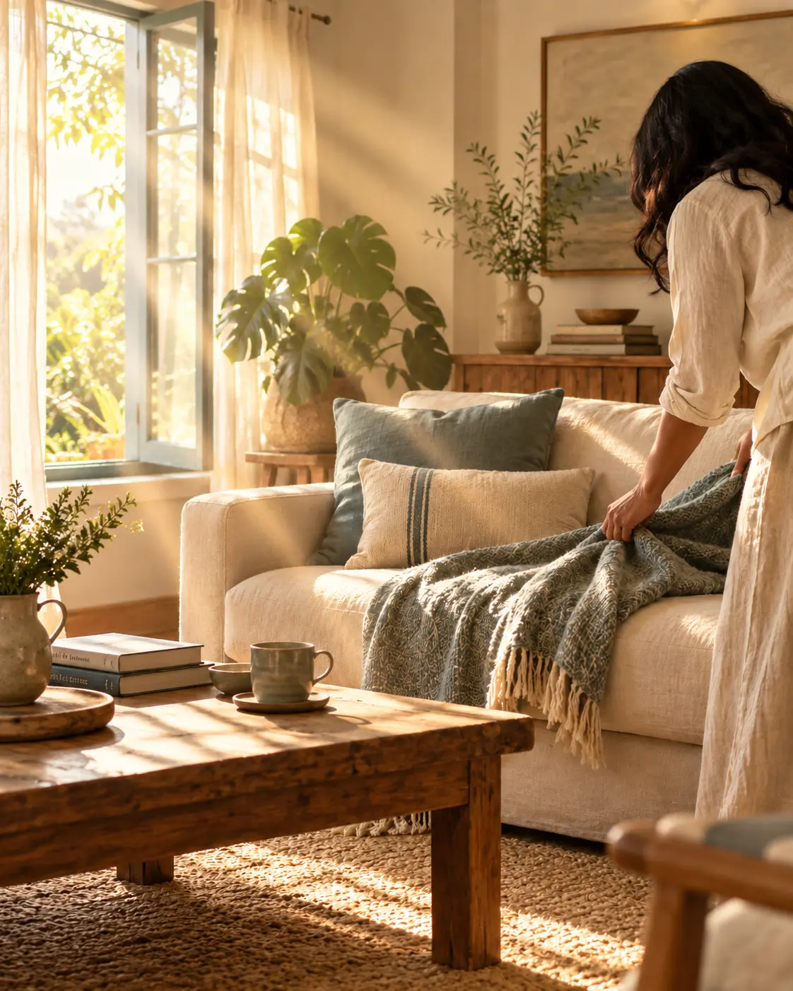 A person smoothing a throw on a sofa in a calm, sunlit living room
