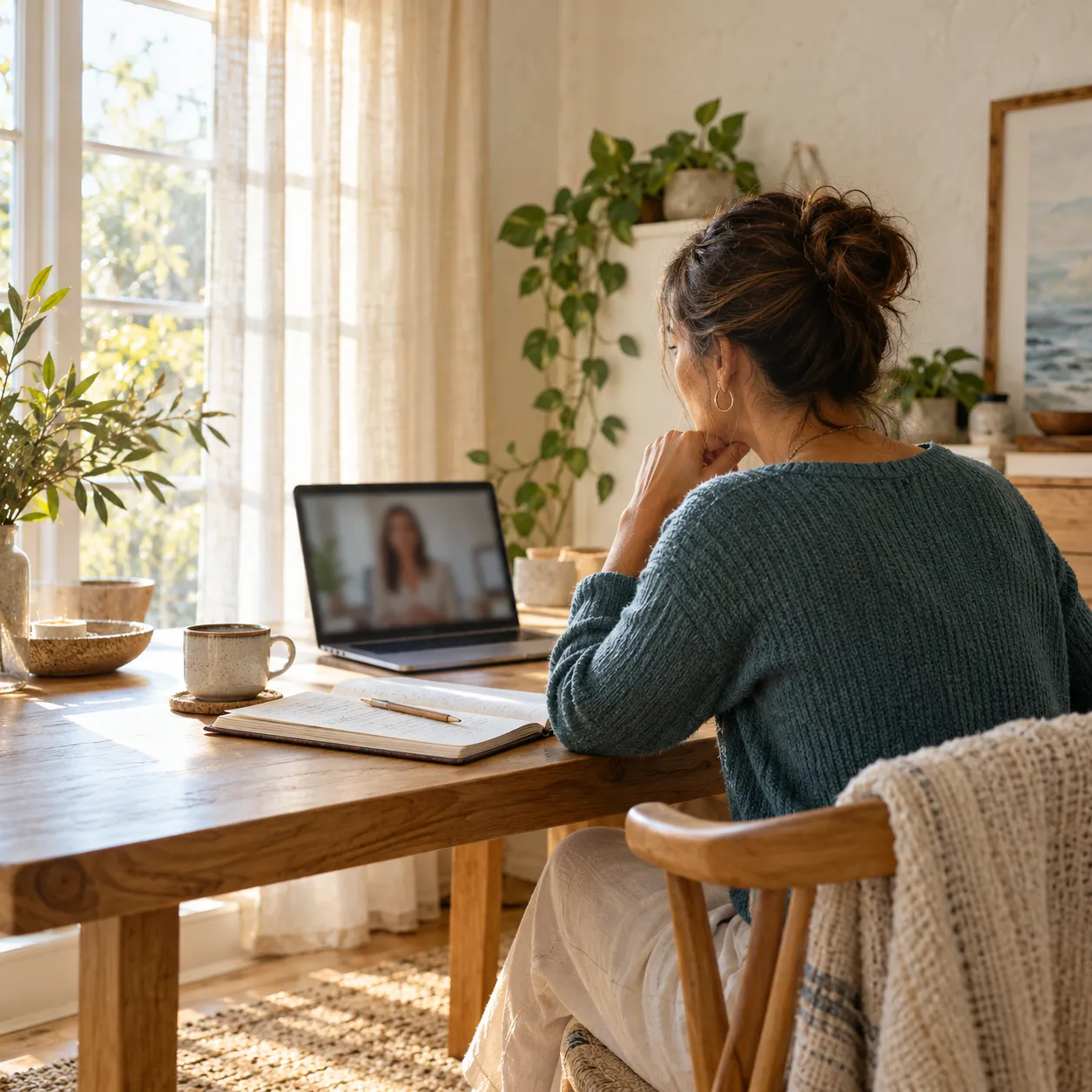A woman on a video call at a table in a sunny room