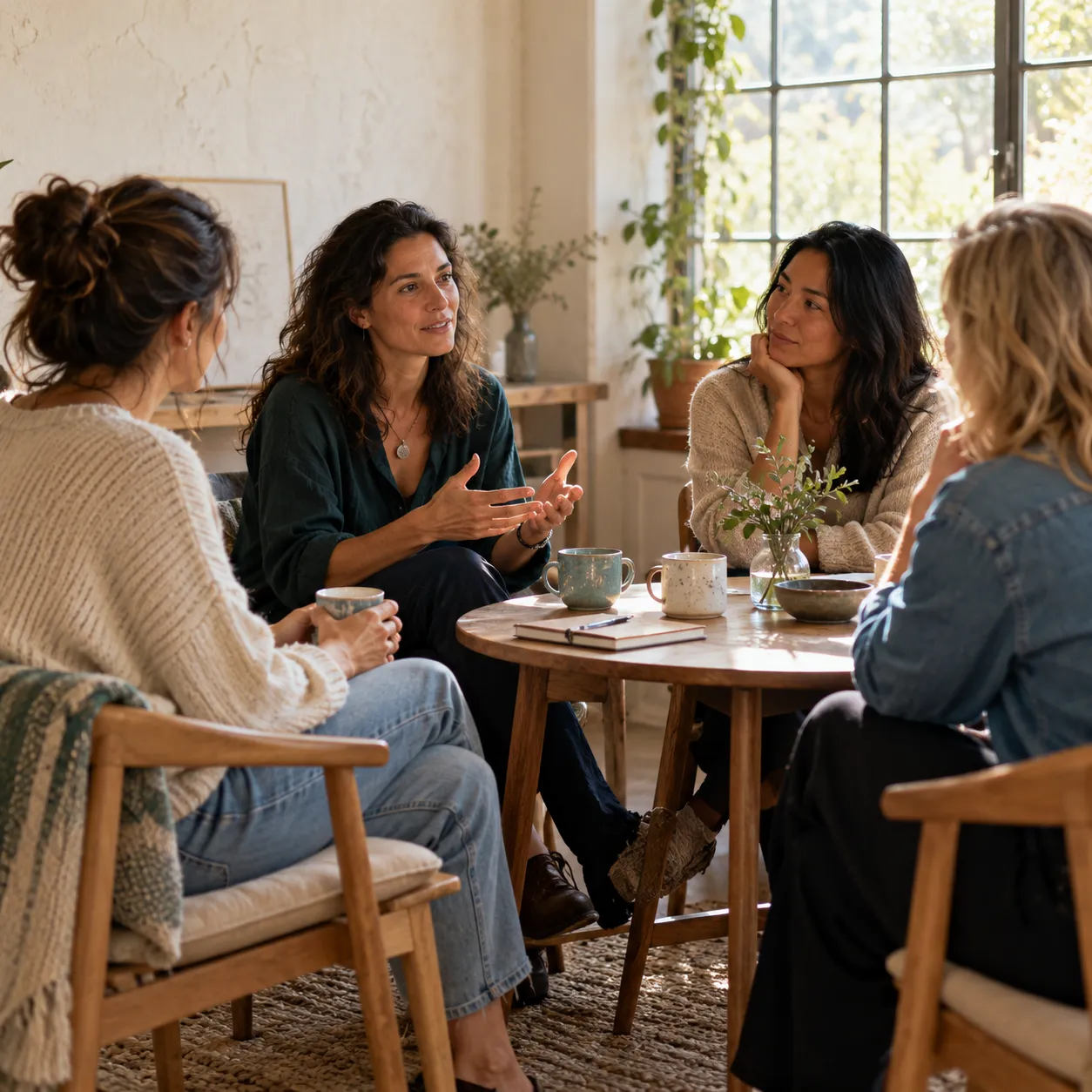 A small group talking together around a table
