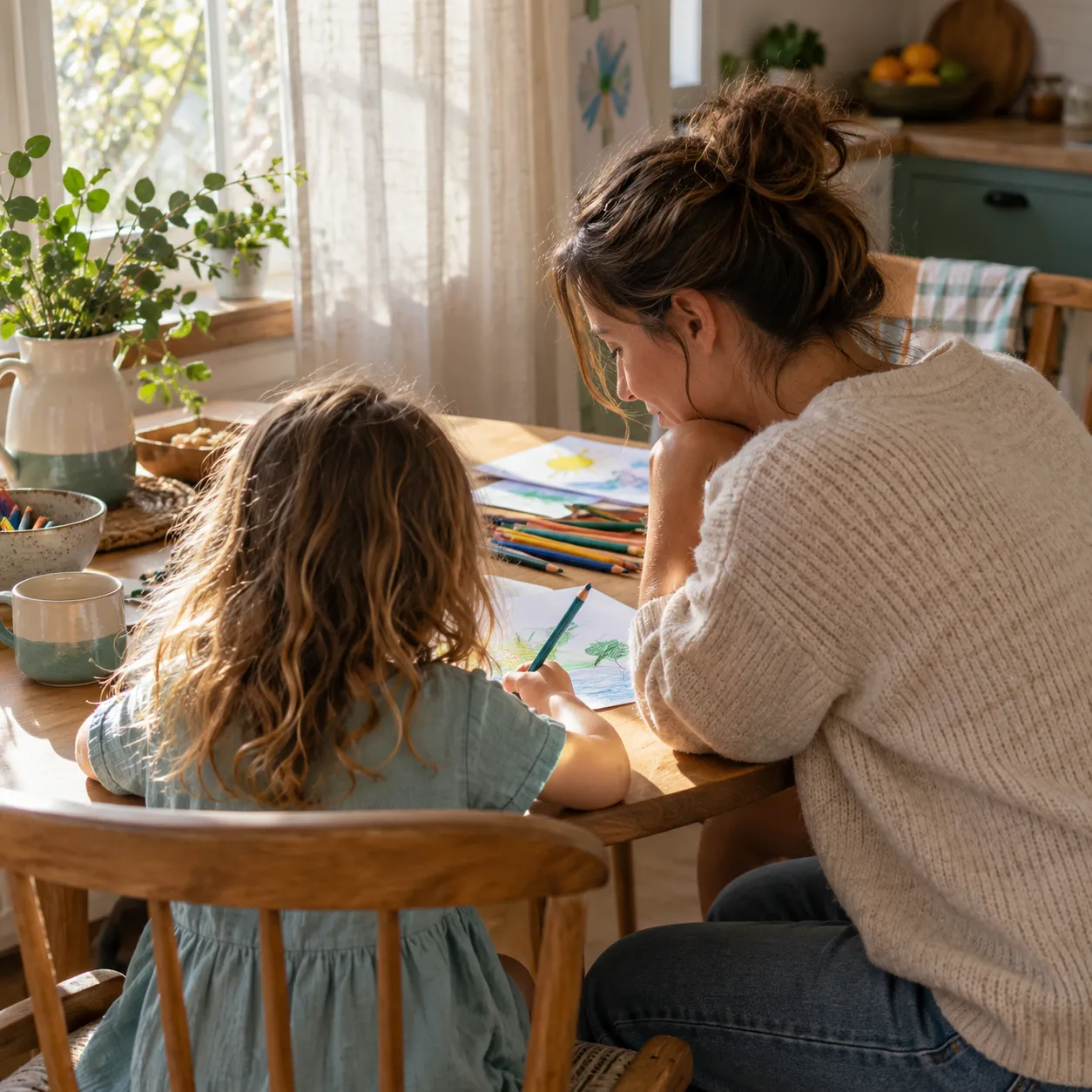 A parent and child drawing together at a table