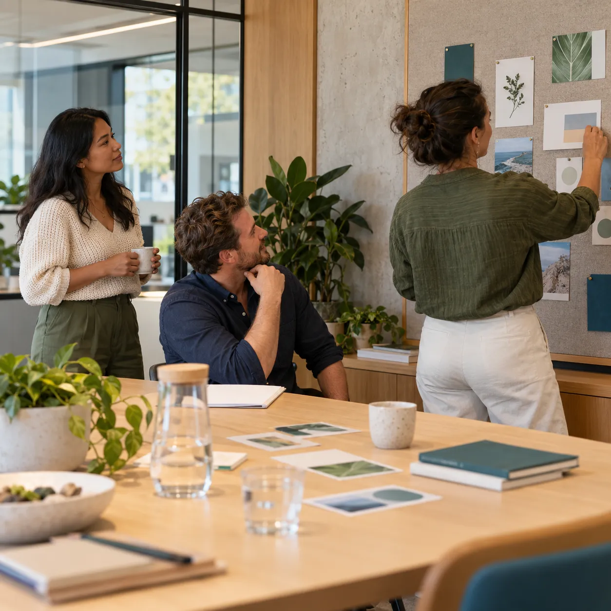 A team working together around a table in a bright office