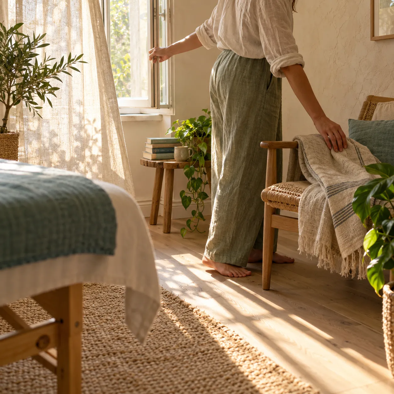 A bedroom with soft light and a folded throw