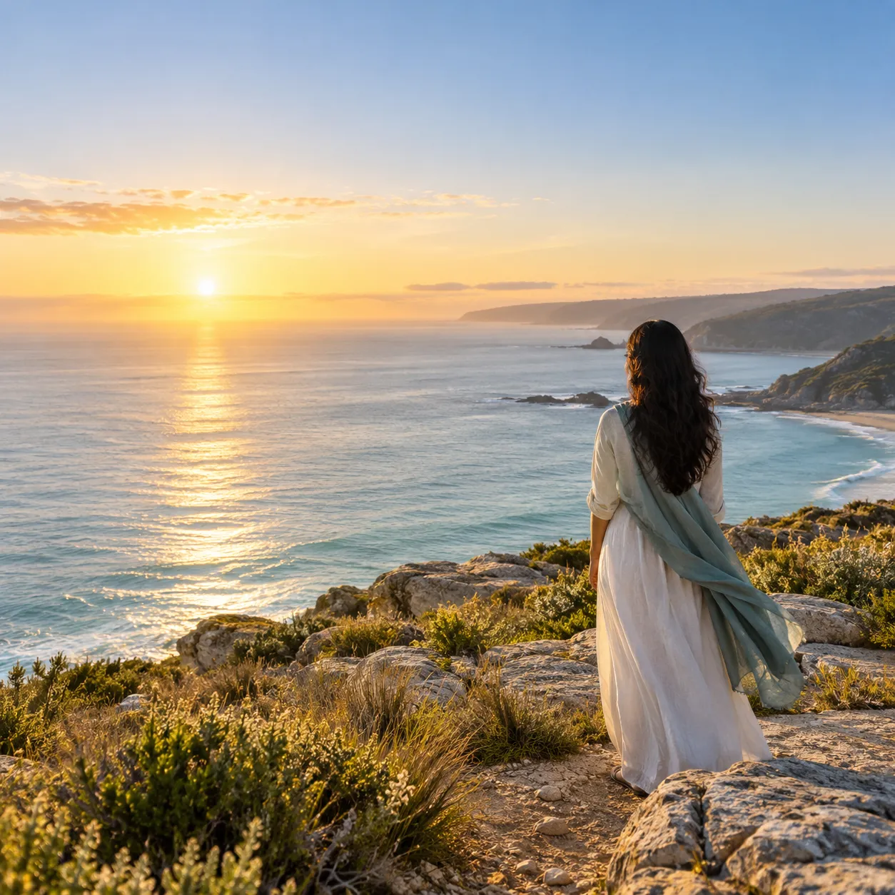 A woman standing at a clifftop viewpoint watching the sun set over the sea