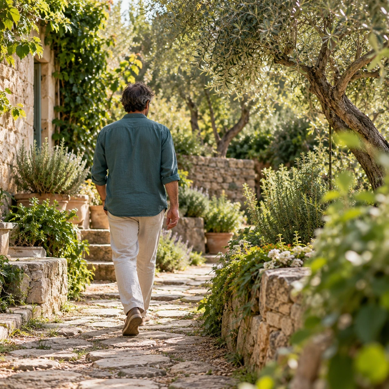 A man walking along a stone path through an olive grove