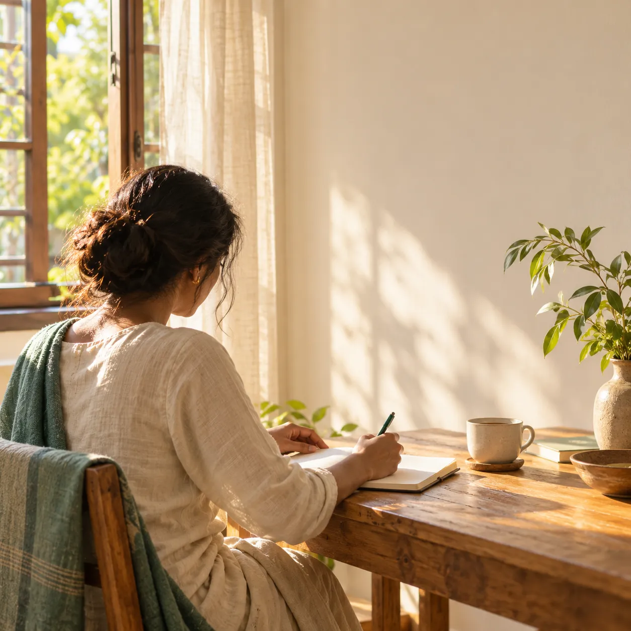 A woman journaling at a wooden table by an open window