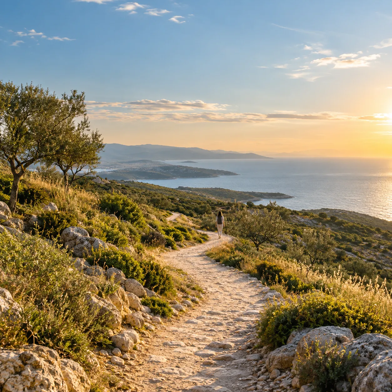 A winding coastal path at sunset