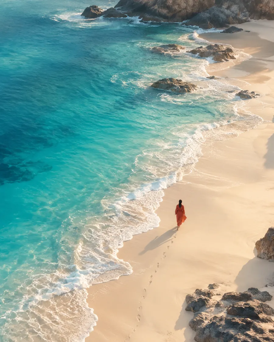 An aerial view of a person in a red dress walking along a sandy shoreline beside turquoise water